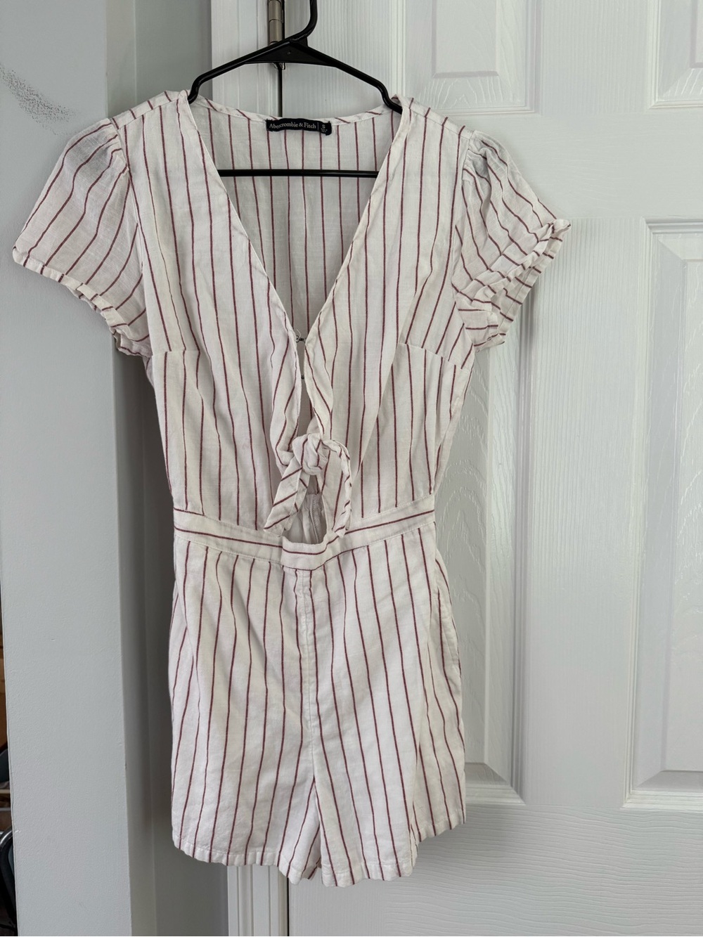 Striped Tie-Front Romper Dress - White with Red Stripes